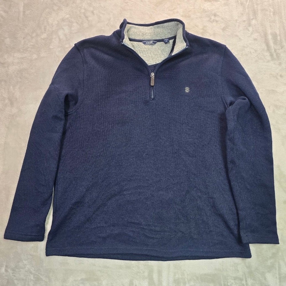 IZOD Mens Navy Blue Ribbed Quarter Zip Pullover Sweater Mock Neck Logo Large
